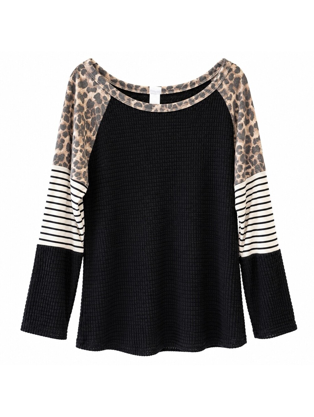 BiBi Women's XL Black Waffle Knit Top with Leopard and Striped Raglan Sleeves